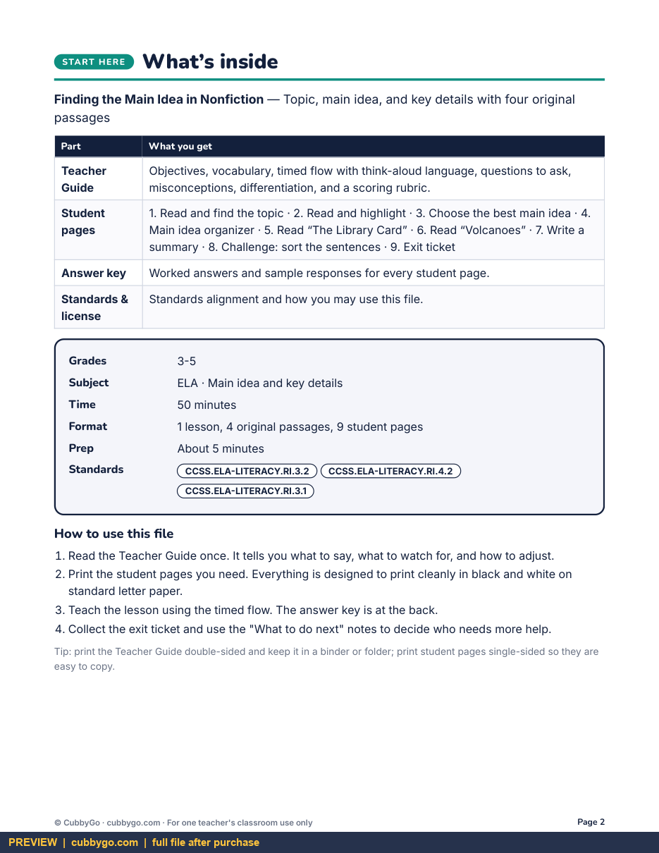Preview page 1 of Finding the Main Idea in Nonfiction