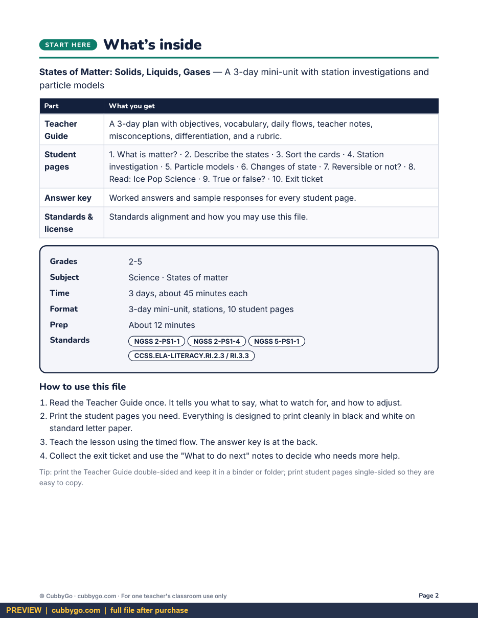 Preview page 1 of States of Matter: Solids, Liquids, Gases