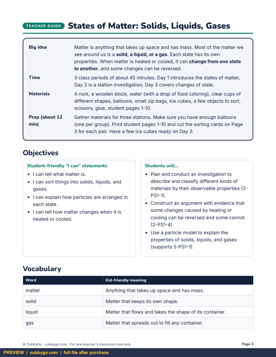 Preview page 2 of States of Matter: Solids, Liquids, Gases
