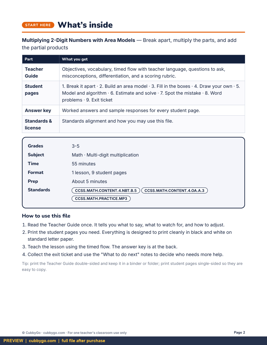 Preview page 1 of Multiplying 2-Digit Numbers with Area Models