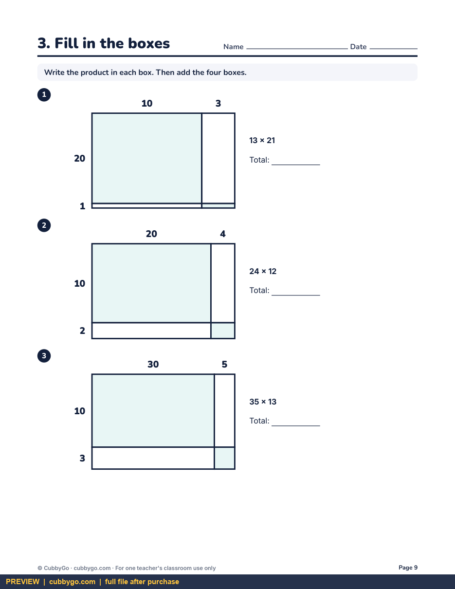 Preview page 3 of Multiplying 2-Digit Numbers with Area Models