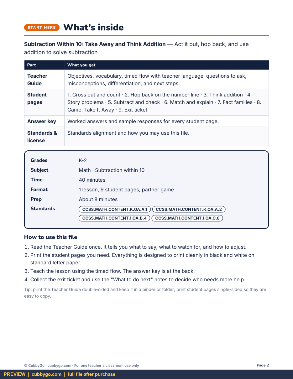 Preview page 1 of Subtraction Within 10: Take Away and Think Addition