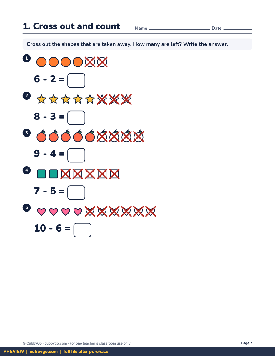 Preview page 2 of Subtraction Within 10: Take Away and Think Addition