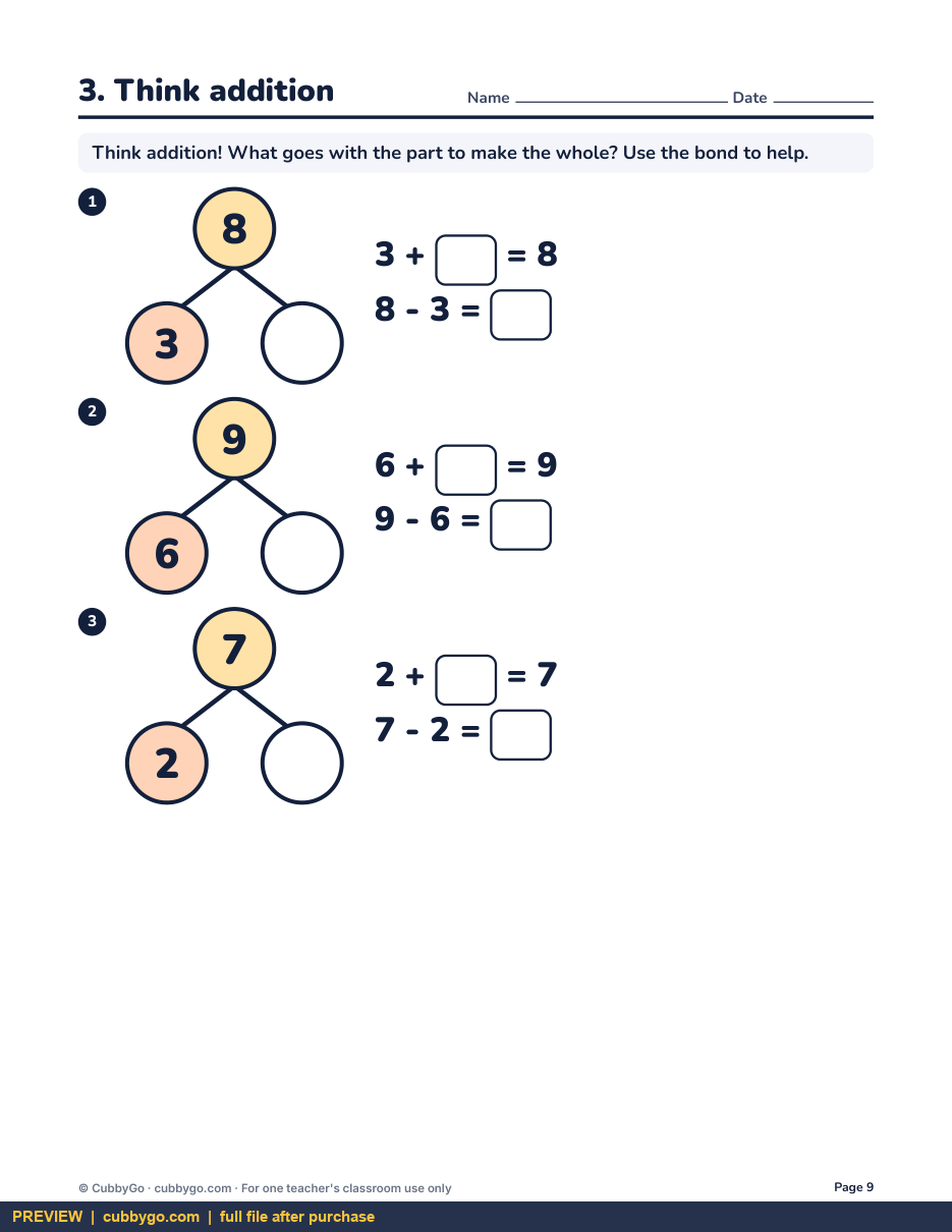 Preview page 3 of Subtraction Within 10: Take Away and Think Addition