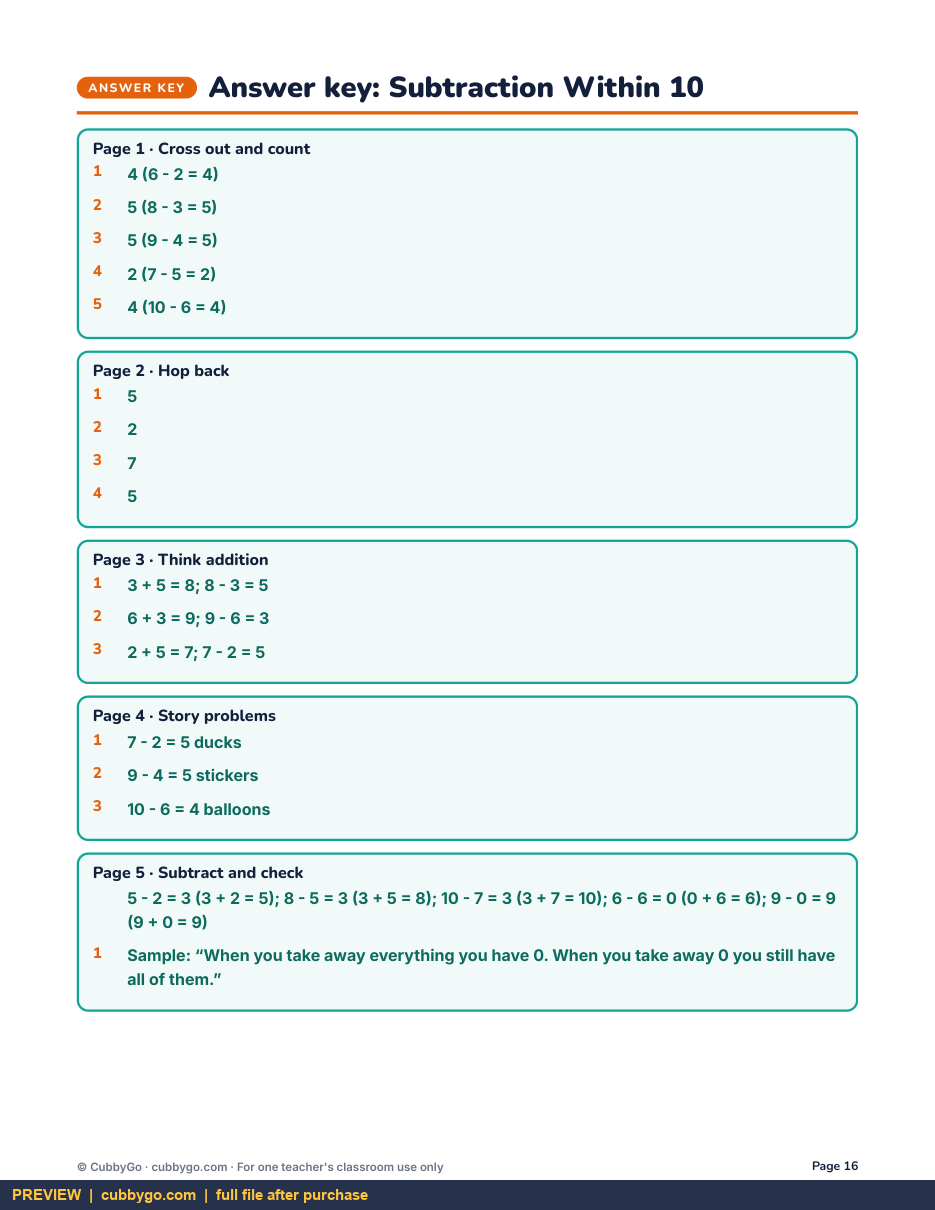 Preview page 4 of Subtraction Within 10: Take Away and Think Addition